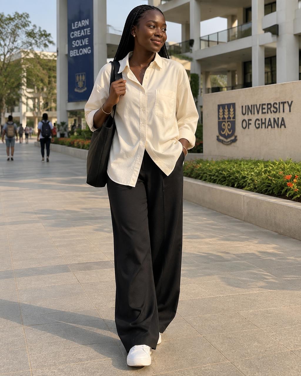 Campus minimal outfit: cream oversized shirt, black wide-leg trousers and white sneakers